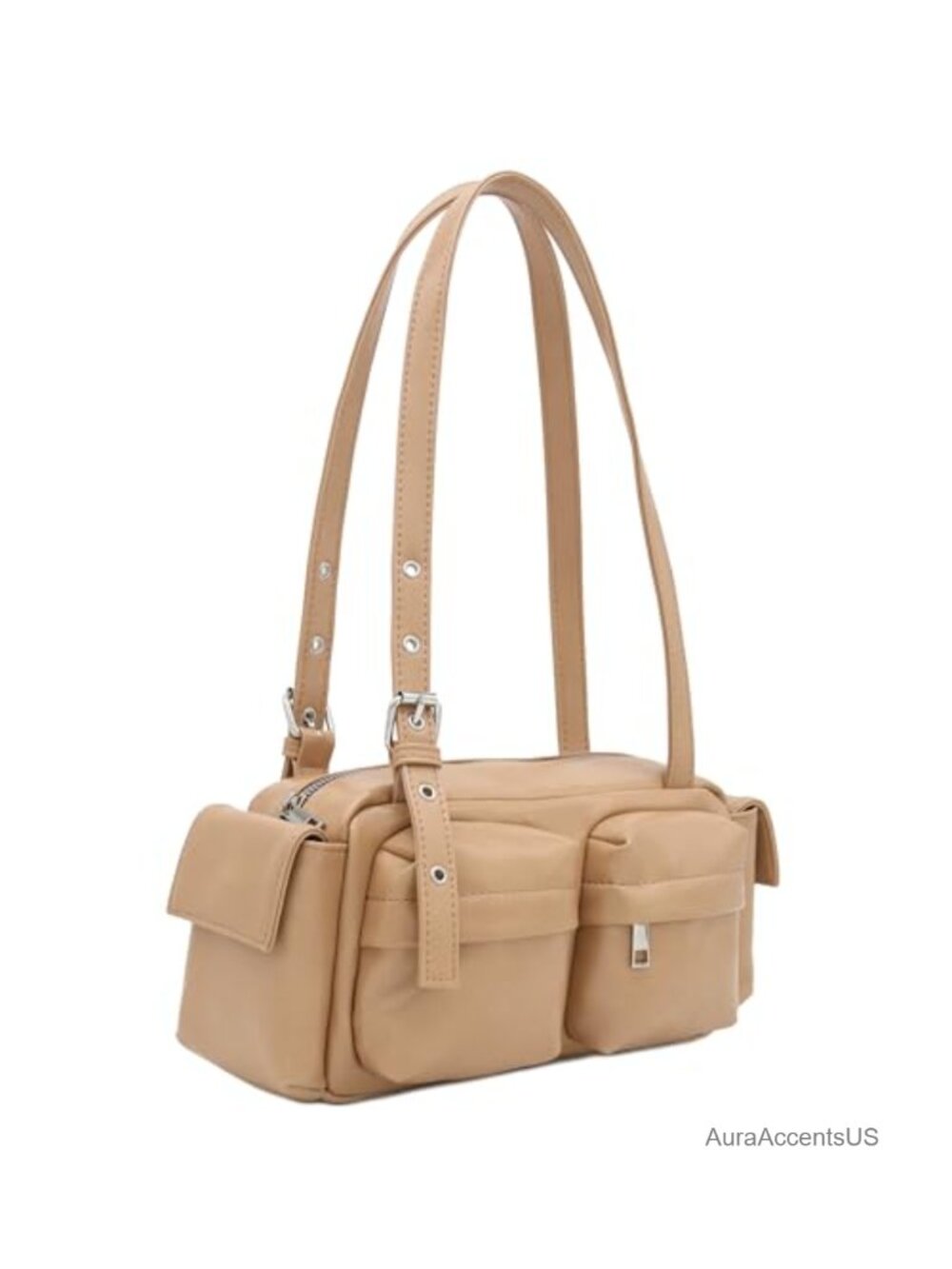 Glossy PU Leather Multi Pocket Shoulder Bag Faux Leather